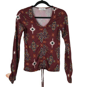 Eye Candy Top Womens Small Red Floral Print Ruched V Neck Long Sleeve Pullover